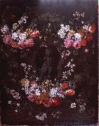 Jan Philip van Thielen Garland of flowers surrounding cherub in grisaille oil on canvas